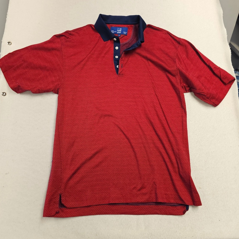 Dunhill Golf Mens Large Polo Shirt Red Mercerised Cotton Made in Italy Geometric